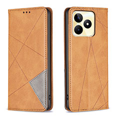 Leather Case Stands Flip Cover Holder B07F for Realme Narzo N53 Light Brown