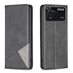 Leather Case Stands Flip Cover Holder B07F for Xiaomi Poco M4 Pro 4G Black