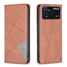 Leather Case Stands Flip Cover Holder B07F for Xiaomi Poco M4 Pro 4G Brown