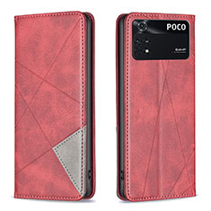 Leather Case Stands Flip Cover Holder B07F for Xiaomi Poco M4 Pro 4G Red