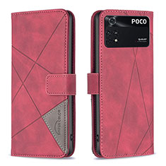 Leather Case Stands Flip Cover Holder B08F for Xiaomi Poco M4 Pro 4G Red