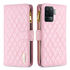 Leather Case Stands Flip Cover Holder B12F for Oppo Reno5 F Rose Gold