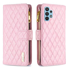 Leather Case Stands Flip Cover Holder B12F for Samsung Galaxy A32 4G Rose Gold