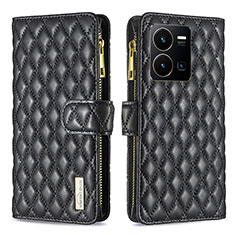 Leather Case Stands Flip Cover Holder B12F for Vivo Y35 4G Black