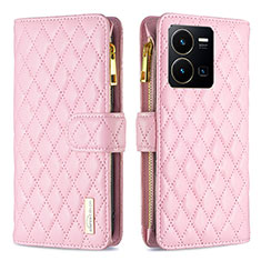 Leather Case Stands Flip Cover Holder B12F for Vivo Y35 4G Rose Gold