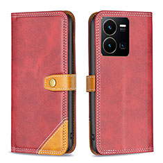 Leather Case Stands Flip Cover Holder B14F for Vivo Y35 4G Red