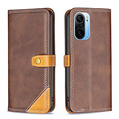 Leather Case Stands Flip Cover Holder B14F for Xiaomi Redmi K40 5G Brown