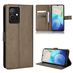 Leather Case Stands Flip Cover Holder BY1 for Vivo Y30 5G Brown