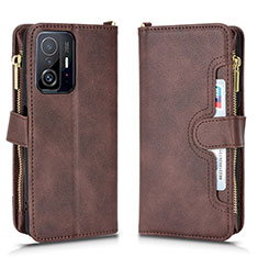 Leather Case Stands Flip Cover Holder BY2 for Xiaomi Mi 11T Pro 5G Brown