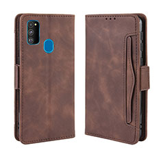 Leather Case Stands Flip Cover Holder BY3 for Samsung Galaxy M21 Brown