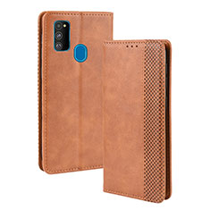 Leather Case Stands Flip Cover Holder BY4 for Samsung Galaxy M21 Brown