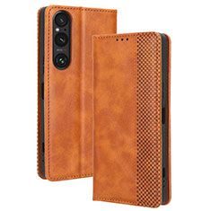 Leather Case Stands Flip Cover Holder BY4 for Sony Xperia 1 V Brown