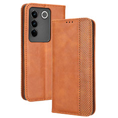 Leather Case Stands Flip Cover Holder BY4 for Vivo V27 5G Brown