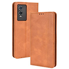 Leather Case Stands Flip Cover Holder BY4 for Vivo Y74s 5G Brown