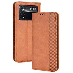 Leather Case Stands Flip Cover Holder BY4 for Xiaomi Poco M4 Pro 4G Brown