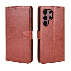 Leather Case Stands Flip Cover Holder BY5 for Samsung Galaxy S22 Ultra 5G Brown