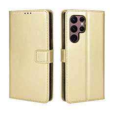 Leather Case Stands Flip Cover Holder BY5 for Samsung Galaxy S22 Ultra 5G Gold