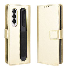 Leather Case Stands Flip Cover Holder BY5 for Samsung Galaxy Z Fold3 5G Gold