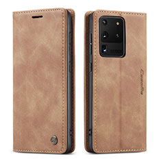 Leather Case Stands Flip Cover Holder C01S for Samsung Galaxy S20 Ultra Light Brown