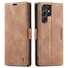 Leather Case Stands Flip Cover Holder C03S for Samsung Galaxy S24 Ultra 5G Light Brown