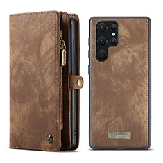 Leather Case Stands Flip Cover Holder C04S for Samsung Galaxy S22 Ultra 5G Brown