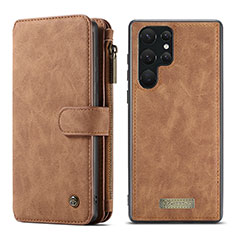 Leather Case Stands Flip Cover Holder C05S for Samsung Galaxy S22 Ultra 5G Brown