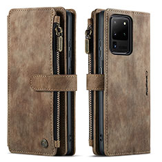 Leather Case Stands Flip Cover Holder C07S for Samsung Galaxy S20 Ultra 5G Brown