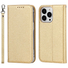 Leather Case Stands Flip Cover Holder D01T for Apple iPhone 14 Pro Max Gold