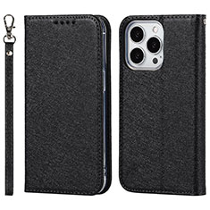 Leather Case Stands Flip Cover Holder D01T for Apple iPhone 15 Pro Max Black