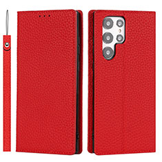 Leather Case Stands Flip Cover Holder D01T for Samsung Galaxy S22 Ultra 5G Red