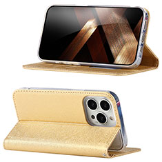 Leather Case Stands Flip Cover Holder D02T for Apple iPhone 14 Pro Max Gold