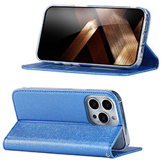 Leather Case Stands Flip Cover Holder D02T for Apple iPhone 15 Pro Max Blue