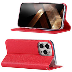 Leather Case Stands Flip Cover Holder D02T for Apple iPhone 15 Pro Max Red