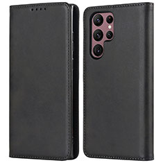 Leather Case Stands Flip Cover Holder D03T for Samsung Galaxy S23 Ultra 5G Black