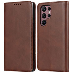 Leather Case Stands Flip Cover Holder D03T for Samsung Galaxy S23 Ultra 5G Brown