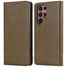 Leather Case Stands Flip Cover Holder D03T for Samsung Galaxy S23 Ultra 5G Khaki