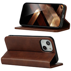 Leather Case Stands Flip Cover Holder D05T for Apple iPhone 15 Plus Brown