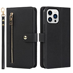 Leather Case Stands Flip Cover Holder D06T for Apple iPhone 15 Pro Black