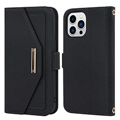 Leather Case Stands Flip Cover Holder D07T for Apple iPhone 15 Pro Black