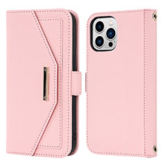 Leather Case Stands Flip Cover Holder D07T for Apple iPhone 16 Pro Rose Gold