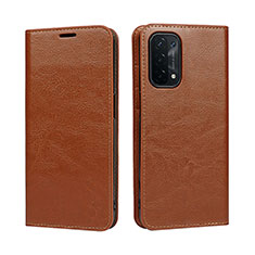 Leather Case Stands Flip Cover Holder D07T for Oppo A54 5G Light Brown