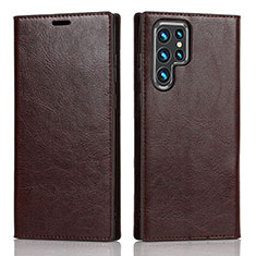 Leather Case Stands Flip Cover Holder D07T for Samsung Galaxy S23 Ultra 5G Brown