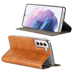 Leather Case Stands Flip Cover Holder D08T for Samsung Galaxy S22 5G Brown