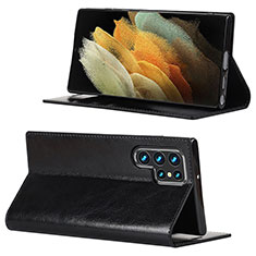 Leather Case Stands Flip Cover Holder D08T for Samsung Galaxy S23 Ultra 5G Black