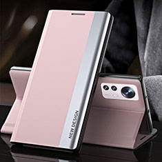 Leather Case Stands Flip Cover Holder for Xiaomi Mi 12 5G Pink