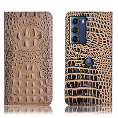 Leather Case Stands Flip Cover Holder H01P for Motorola Moto G200 5G Khaki