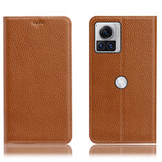 Leather Case Stands Flip Cover Holder H02P for Motorola Moto Edge 30 Ultra 5G Light Brown