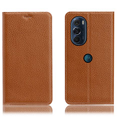 Leather Case Stands Flip Cover Holder H02P for Motorola Moto Edge Plus (2022) 5G Light Brown
