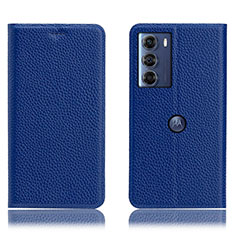 Leather Case Stands Flip Cover Holder H02P for Motorola Moto G200 5G Blue