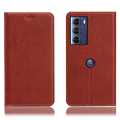 Leather Case Stands Flip Cover Holder H02P for Motorola Moto G200 5G Brown